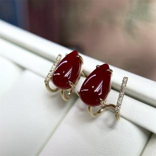 天然日本阿卡珊瑚水滴18k金耳钉耳坠原色阿卡沙丁黑赤血科西嘉速