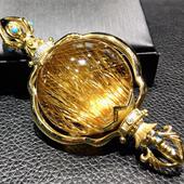 天然水晶巴西铜发晶降魔杵转运珠吊坠项链18k金76g板钛猫眼原矿速