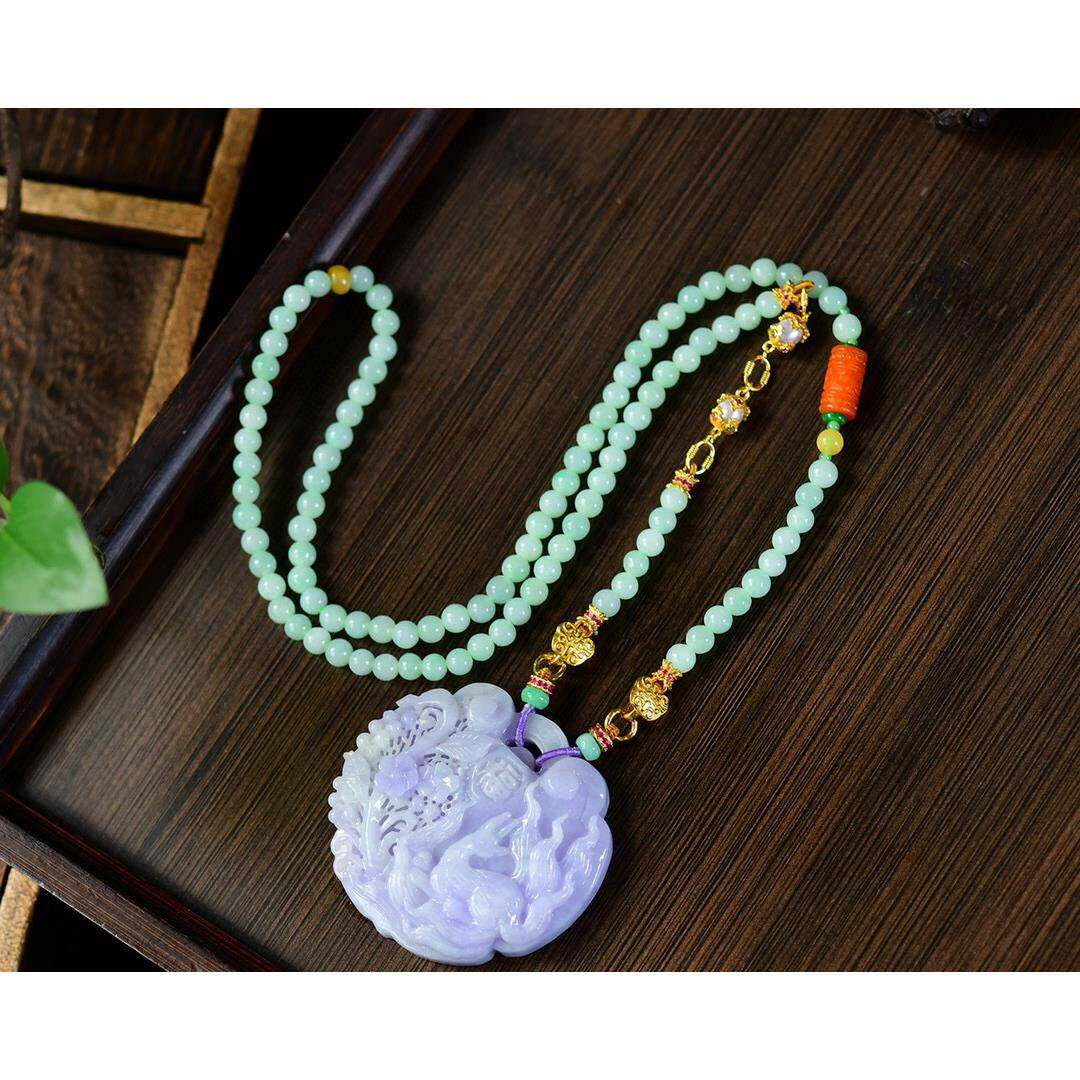 天然A货翡翠紫罗兰九尾狐项链 色泽艳丽用料细腻油润搭翡翠珠链sm