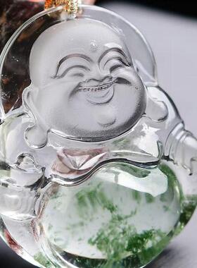 大号天然巴西水晶绿幽灵红幽灵手工俏色佛吊坠项链全净体33g即