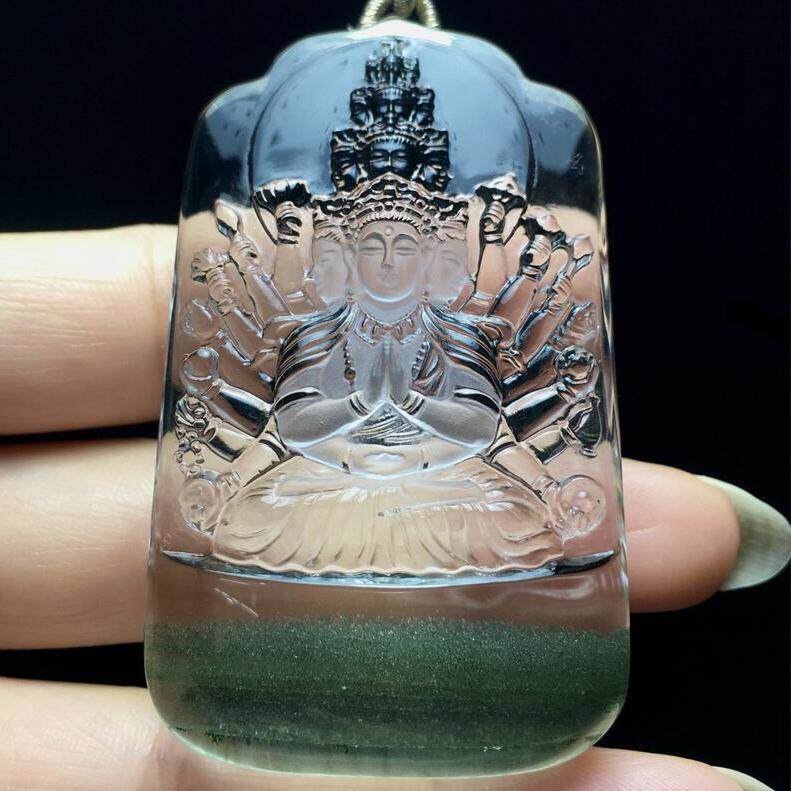 天然水晶巴西绿幽灵千手千眼观音女款项链吊坠65.7克千层山翠绿