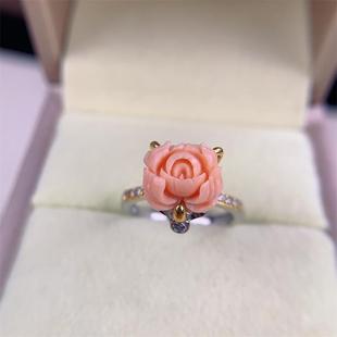 天然台湾莫莫珊瑚银牡丹花戒指s925银原色momo阿卡粉色白粉粉红颂
