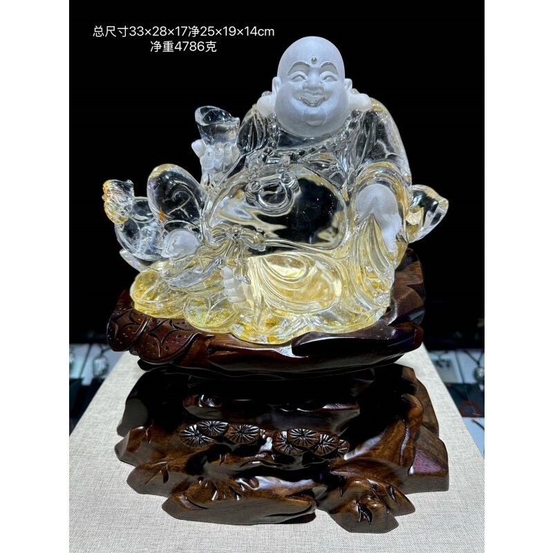 天然巴西原矿白水晶黄胶花景雕原石大肚笑脸弥勒佛摆件摆饰凯