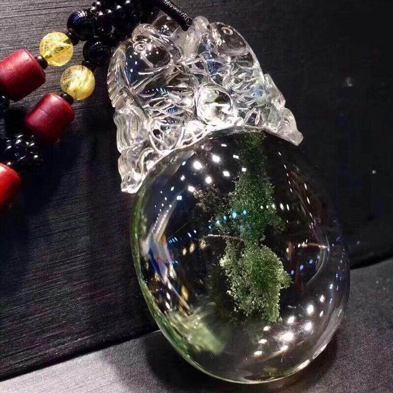 天然水晶巴西绿幽灵双鱼毛衣链吊坠项链41克聚宝盆翠绿色礼物速