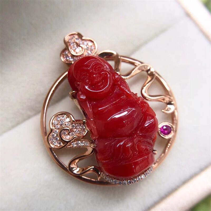 天然阿卡红珊瑚牛血色弥勒佛吊坠项链9.1x24mm沙丁深海红科西嘉颂