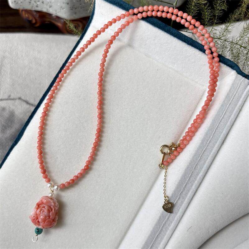 天然台湾莫莫珊瑚牡丹花项链吊坠原色momo有机宝石阿卡粉色粉红