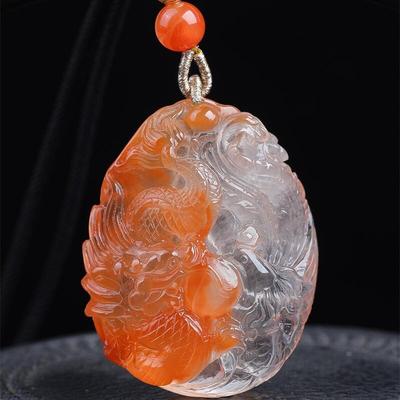 天然水晶巴西红兔毛俏色龙凤牌女款项链吊坠37.69克发晶通透体秀