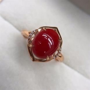 天然日本阿卡牛红血珊瑚戒指圈口14有机宝石沙丁深海红科西嘉颂