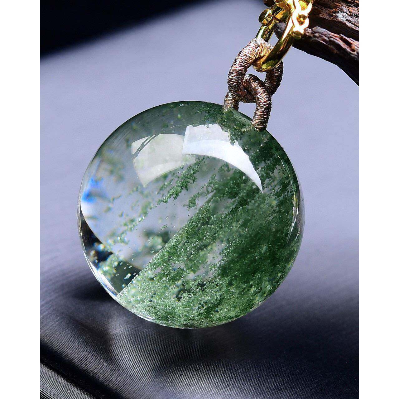 天然巴西绿幽灵水晶26mm千层帘聚宝盆转运球吊坠项链 重57.4克ss0