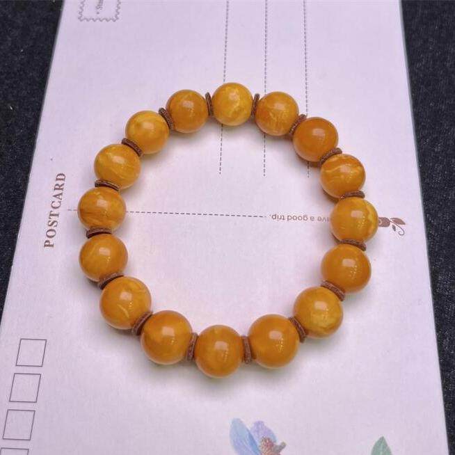 天然俄料原矿古董老花蜜蜡手链手串11.8mm无优化无烤色琥珀秀