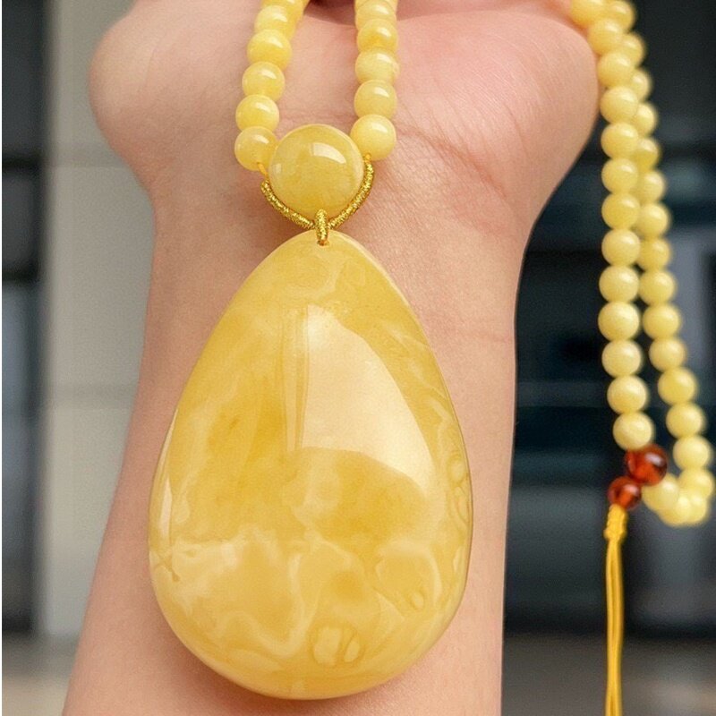 天然原矿俄料白花蜜蜡水滴吊坠项链配手工链无优化无烤色琥珀