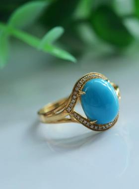 2021年美国松蓝松石睡美人镶嵌18K金南非真钻戒指优雅女款礼物