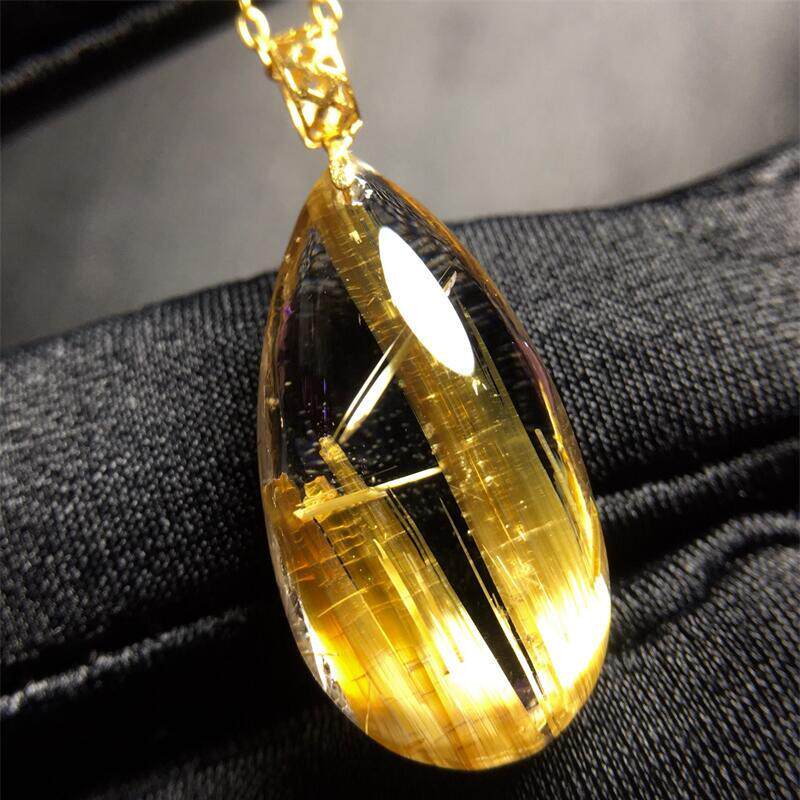 天然水晶金发晶巴西板钛晶猫眼水滴锁骨坠18K金扣头2.9g原矿邮
