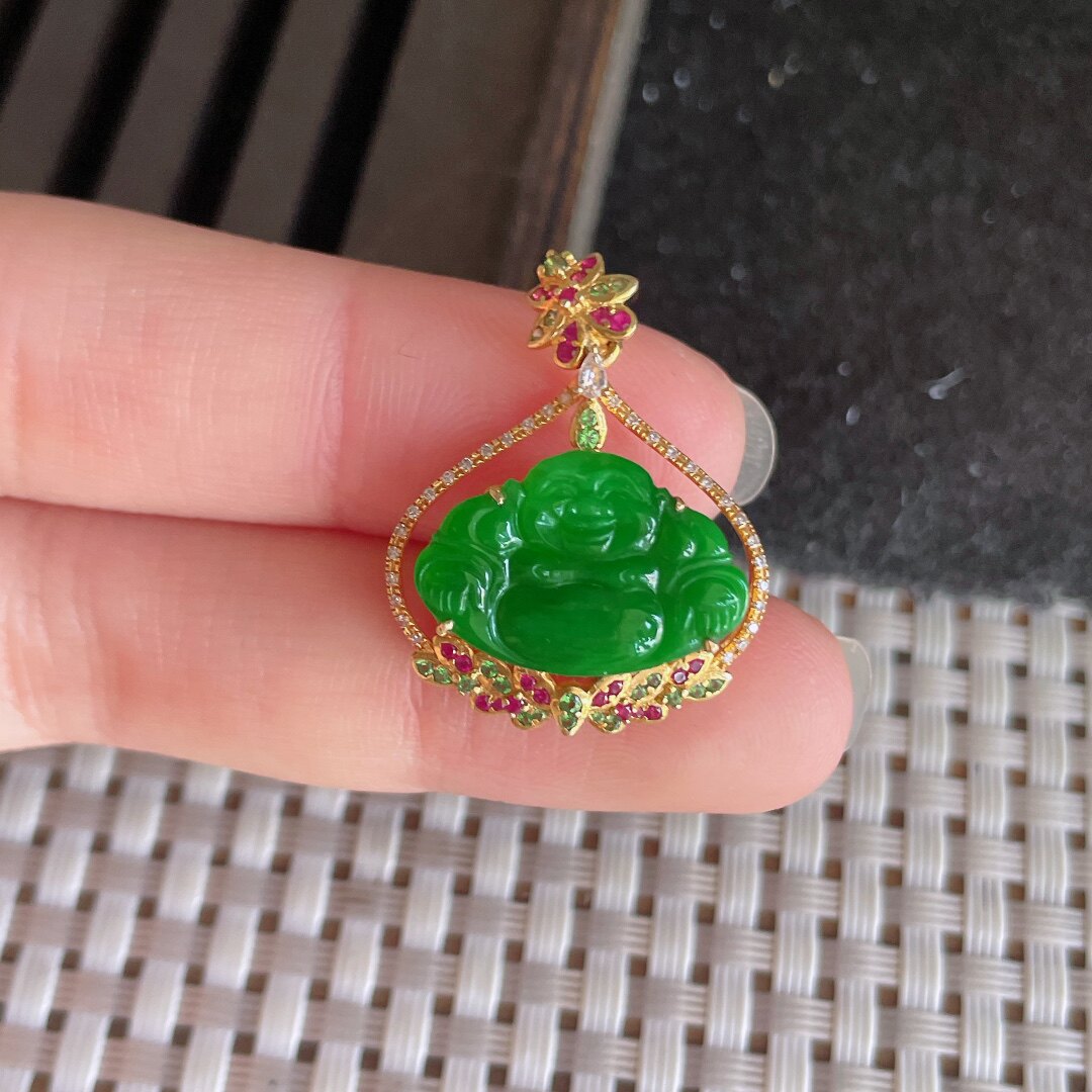 天然缅甸高端翡翠a货18k金满绿佛公吊坠xcbr