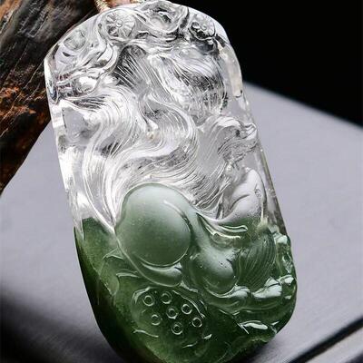加大号天然绿幽灵俏色九尾狐狸吊坠毛衣链两用款手工雕工81.3g即