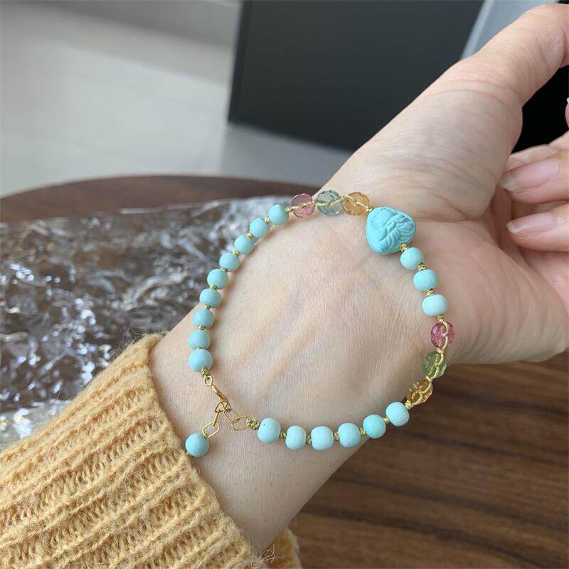 天然湖北原矿高瓷蓝绿松石无相宝宝佛老型珠手链手串碧玺18k金