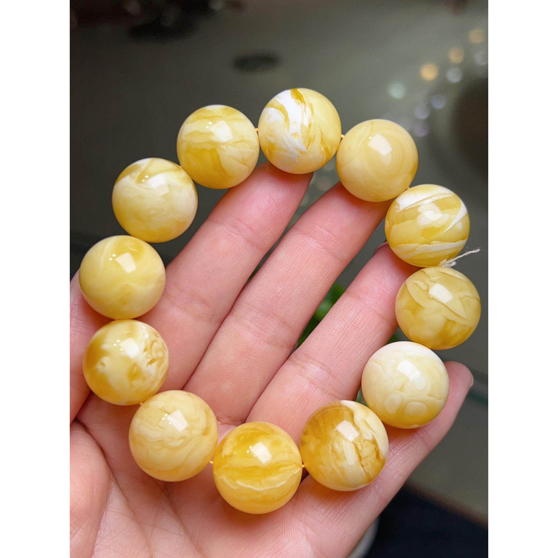 纯天然原矿俄料白花蜜蜡20mm大圆珠手链重55.98克 妖孽白花纹理xw