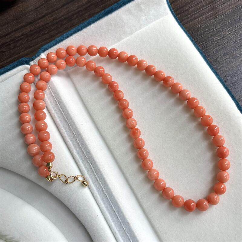 天然台湾莫莫珊瑚18k金吊坠项链6.8mm原色momo有机宝石阿卡粉红