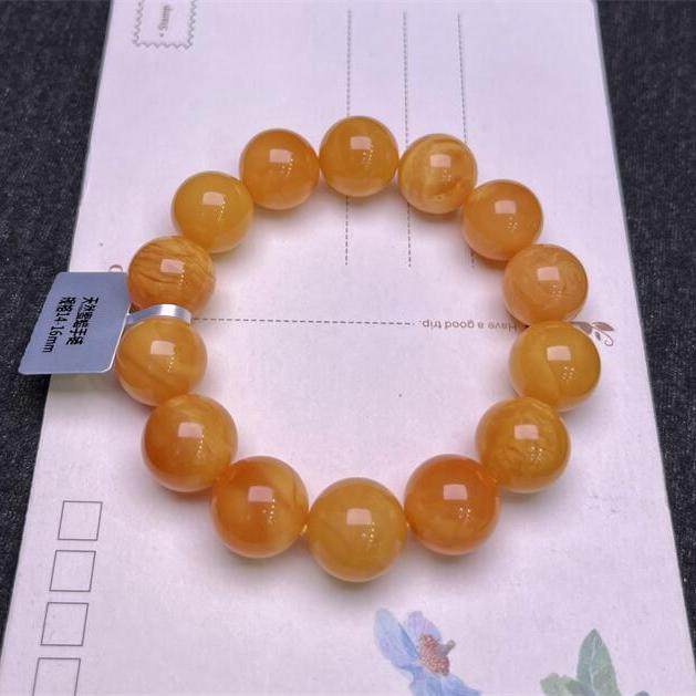 天然欧洲原矿回流蜜蜡手链手串14.8mm鸡油红无优化无烤色琥珀秀