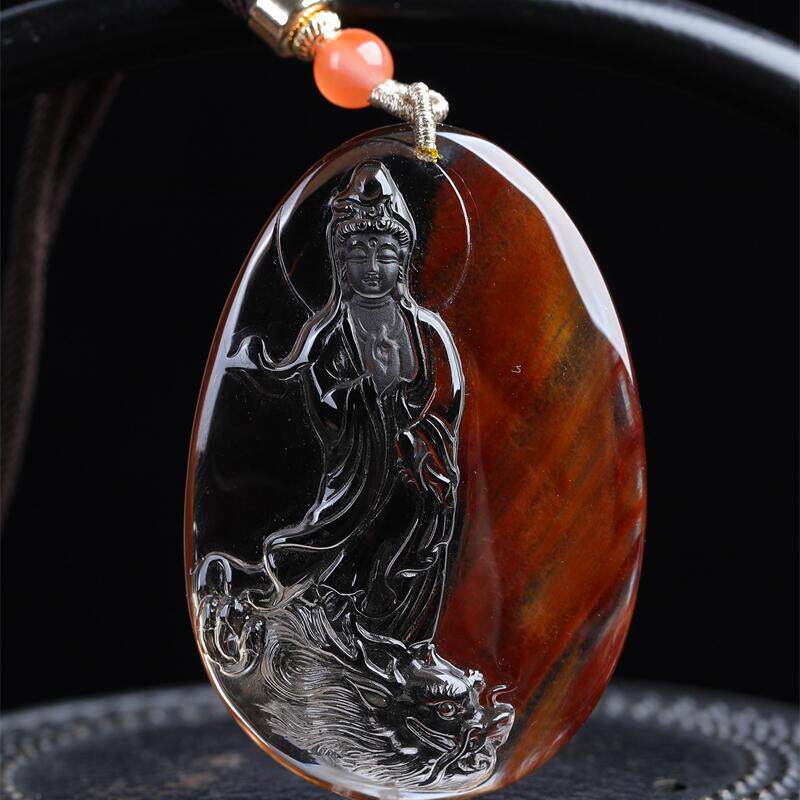 天然水晶巴西红兔毛祥龙观音女款项链吊坠47.3克红发晶顺发钢丝