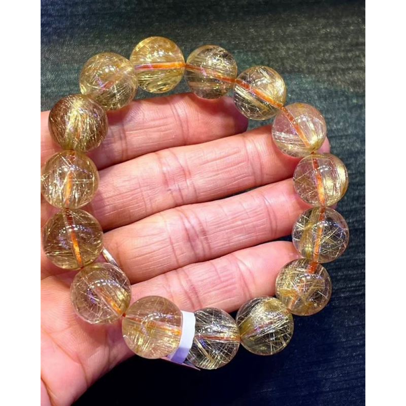 天然水晶巴西老料金发晶单圈手串手链14毫米原矿猫眼钛晶顺发速