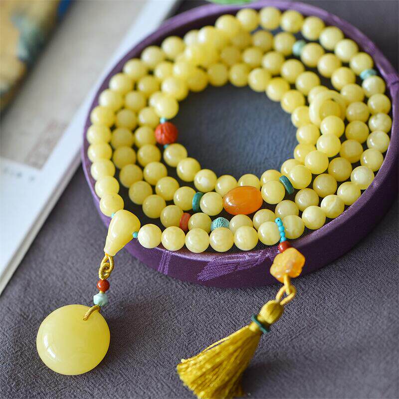 天然俄料原矿白花蜜蜡108佛珠手链手串项链8.5mm无优化无烤色