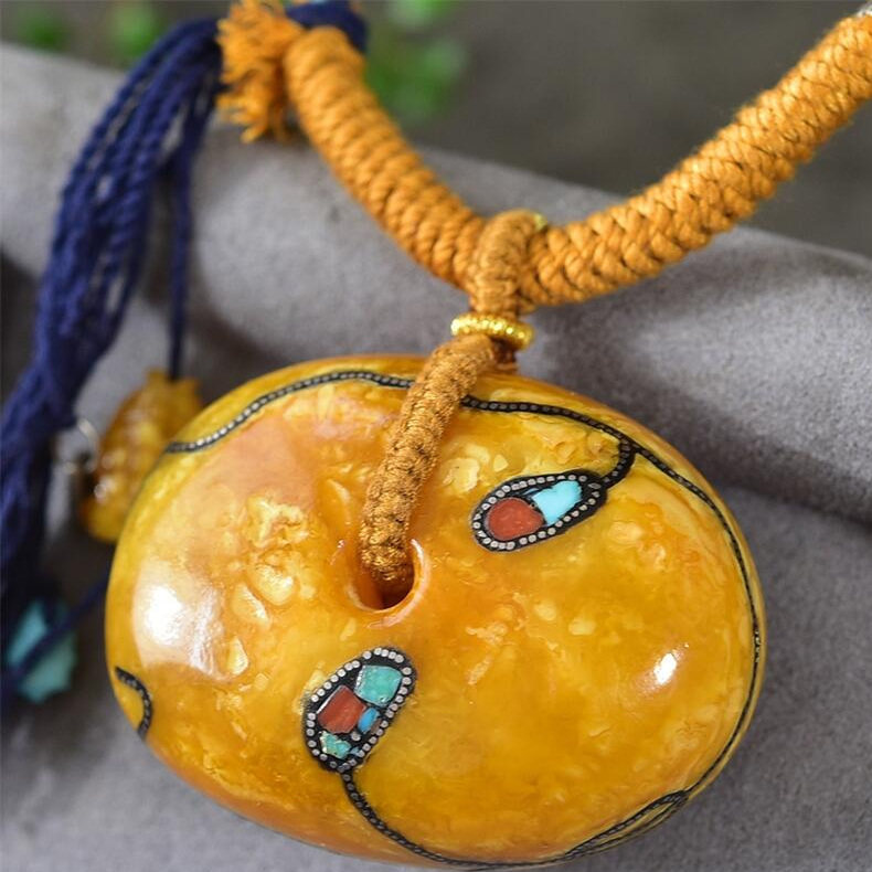 天然俄料原矿老蜜蜡天珠女款项链吊坠32.2克无优化无烤色琥珀