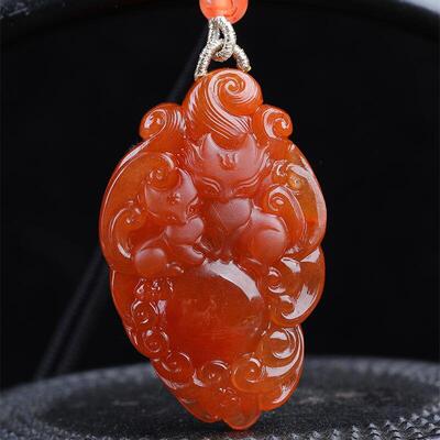 天然水晶巴西俏色红兔毛精雕双九尾狐项链吊坠36.7克发晶满红