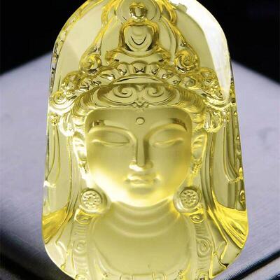 加大号天然巴西黄水晶观音吊坠项链毛衣链两用款手工雕工90.3g即