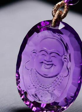 收藏品天然巴西紫水晶千禧面手工雕刻佛吊坠项链钻石切工10.9g即
