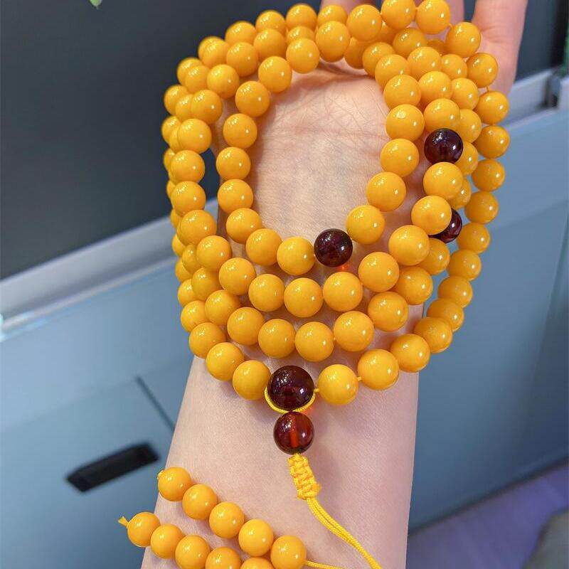天然俄料原矿鸡油黄蜜蜡108珠女款手链手串项链8.6mm无优化琥珀颂