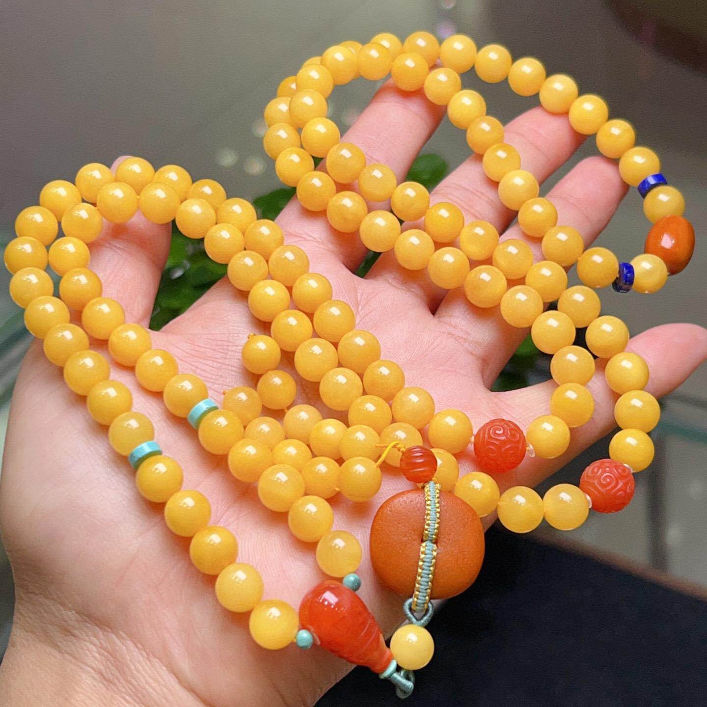 天然鸡油黄9mm108颗老蜜蜡佛珠手链 项链两用款 蜡质浓厚 配证xw0