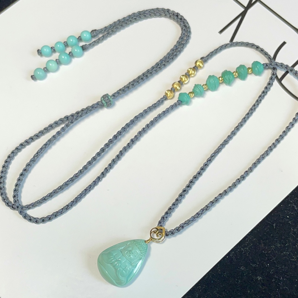 天然高瓷湖北原矿绿松石宝宝佛项链如来佛祖吊坠18k金百香籽珠