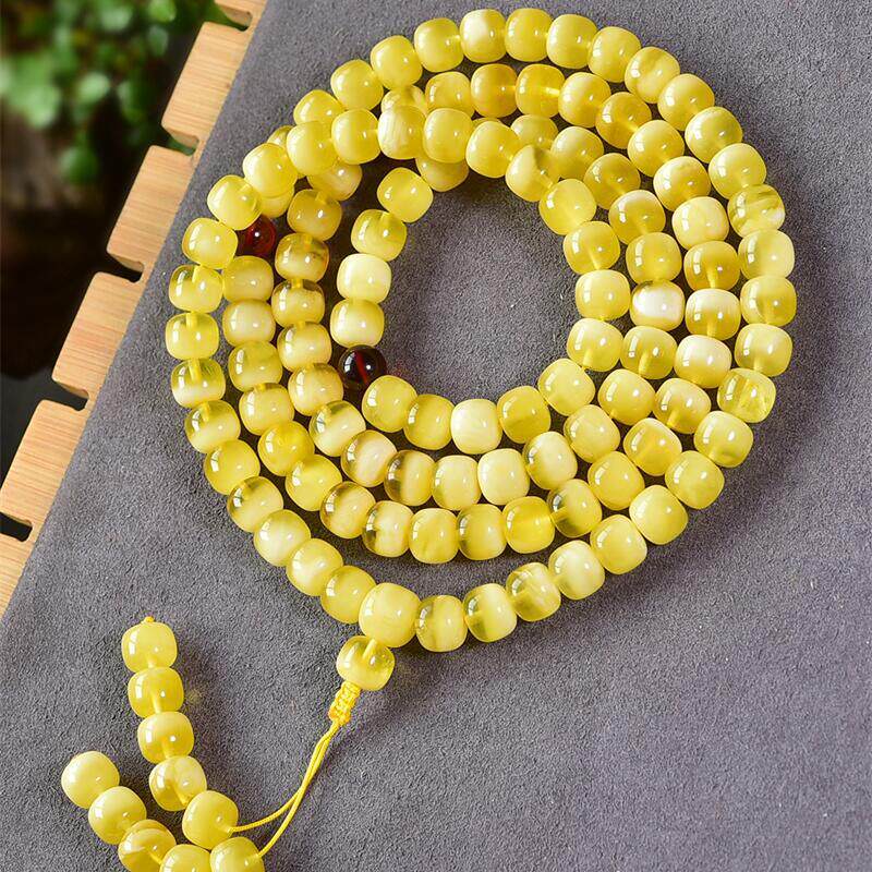 天然俄料原矿金胶白蜜蜡老型108佛珠手串女款项链9.8mm无烤色