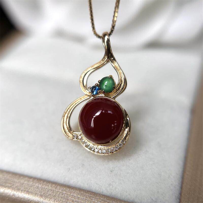 天然阿卡珊瑚18k金圆面葫芦项链吊坠原色阿卡沙丁牛血红科西嘉