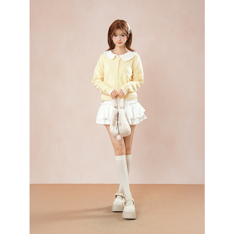 早秋韩系温柔甜美娃娃领长袖上衣+黄色针织开衫两件套装
