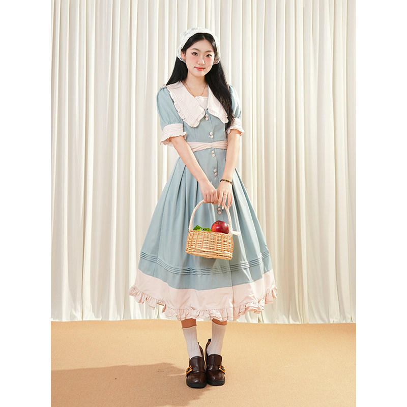 忒修斯之船气质收腰别致感撞色清新感裙子女日系减龄森系连衣裙夏