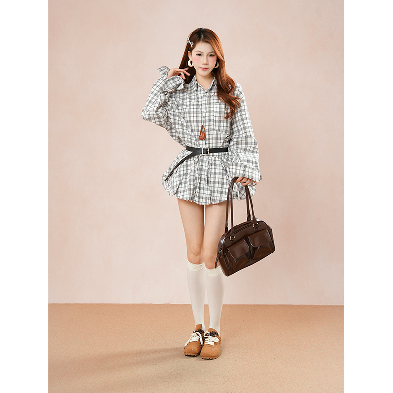 学院时尚格子长袖衬衫花苞秋季韩系半身裙两件套套装