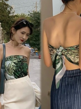 自制多种戴法丝巾女法式复古内搭夏季抹胸大方巾沙滩防晒披肩头巾