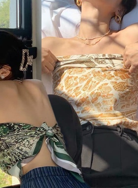 方巾丝巾女90x90法式复古小众抹胸丝巾辣妹内搭性感气质防晒披肩