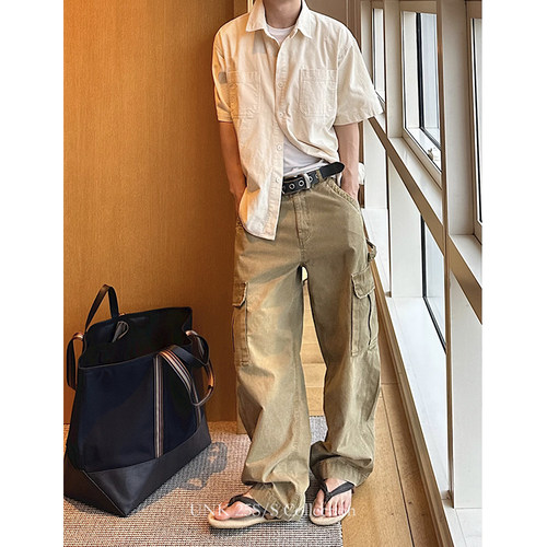 uniike油腻客春夏RL复古水洗做旧工装裤男美式休闲宽松百搭长裤潮