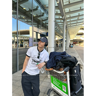 uniike油腻客【环球旅行家 】飞机印花做旧美式窄版T恤夏季男短袖