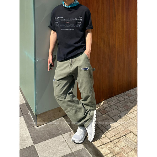 油腻客美式做旧补丁直筒工装裤男