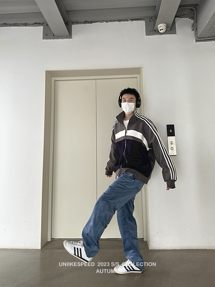 uniike油腻客【早起运动服】秋冬免烫复古三杠学院拉链立领上衣男