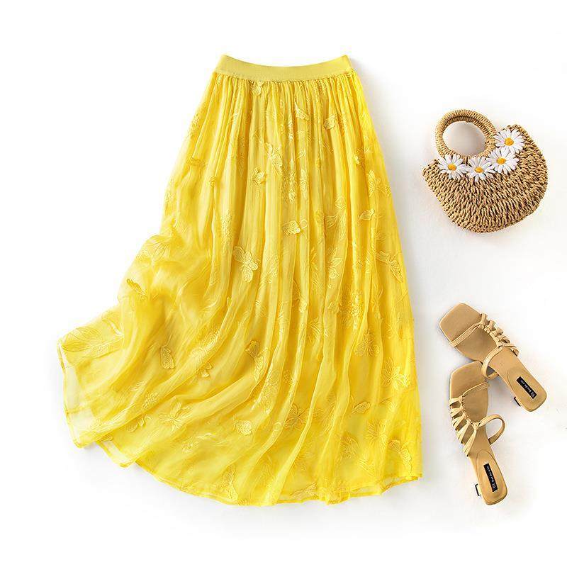 立体绣花刺绣桑蚕丝拼接重工纯色松紧腰大摆黄色半身裙85055