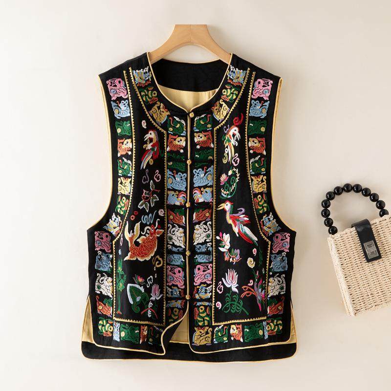 女装设计醋酸龟裂纹生肖刺绣一字盘扣马甲新中式黑色坎肩,女装/女士精品,马夹,淘宝优惠券,粉丝福利购,淘宝优惠卷