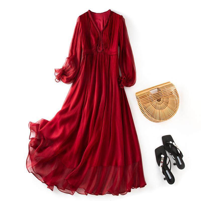 2026年夏新款v领优雅薄款桑蚕丝真丝裙不规则收腰长袖连衣裙85044