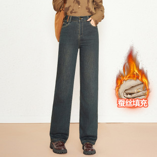 时尚 阔腿休闲长裤 牛仔直筒棉裤 加厚夹棉窄版 子 外穿女高腰冬季 新款