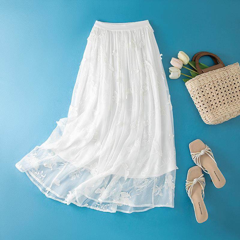 立体绣花刺绣桑蚕丝拼接重工纯色松紧腰大摆黄色半身裙85055