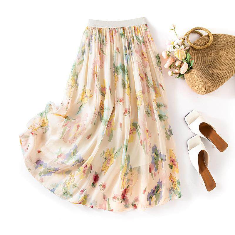 真丝半身裙高腰显瘦a字垂感长裙桑蚕丝米色印花大摆裙裙子85078